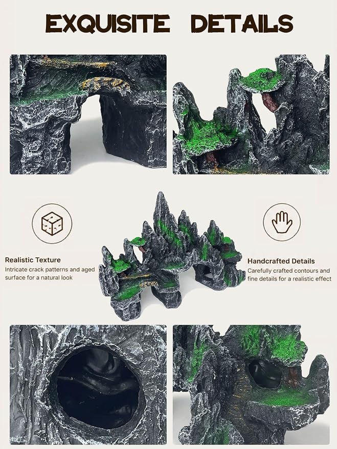 Aquarium Decor - Large Mountain Rock Cave for Fish Tank, Aquarium Hideout Ornament with Rock Texture for Betta, Guppy, Shrimp - Aquatic Hide Decoration, Fish Hiding House（Black）