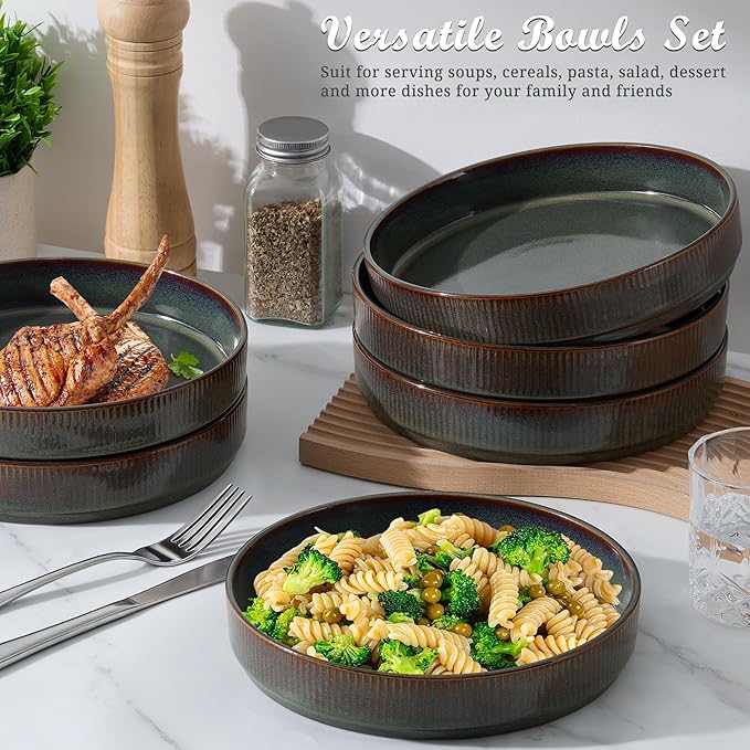 E-far Pasta Bowls Set of 6, 35oz Large Salad Bowl Plate for Dinner Serving, Wide & Shallow Ceramic Stoneware Pasta Plates, Microwave & Dishwasher Safe, Reactive Glaze Textured Stripes, Blackish Green