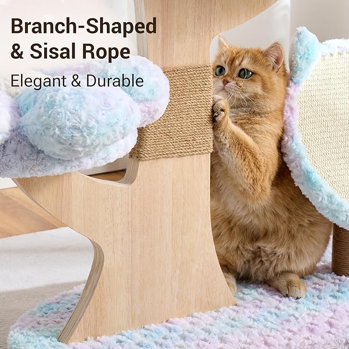 Aesthetic Flower Cat Tree Tower with Scratching Post for Indoor Cats, 37" Modern Cat Tree with Wood Sculpted Branch, Flower Cat Beds, Scratching Board & Interactive Squeaky Toy, Dreamy Blue