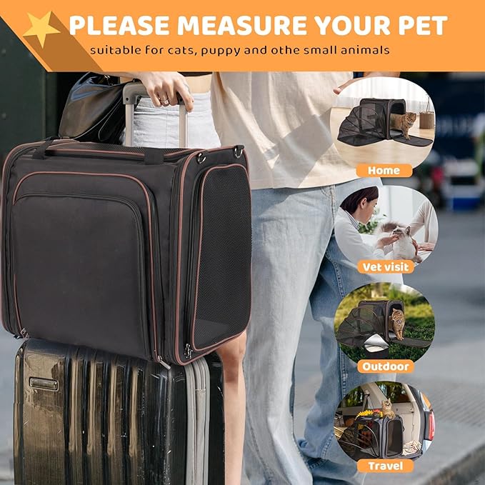 Large Cat Travel Carrier with Litter Box, 17.3"×13"×16" Expandable Cat Carrier for Car Travel, Soft Sided Pet Carrier for Cats/Puppies up to 25lbs, Black
