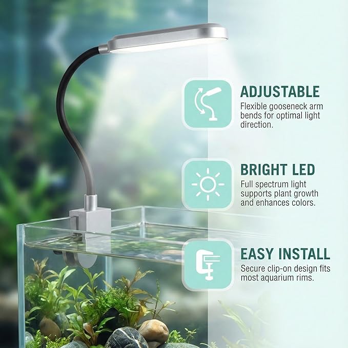 Slim Clip-On Aquarium Light 360° Adjustable LED Fish Tank Light for 1-5 Gallon Tanks, Enhances Fish Colors and Supports Low-Light Plants