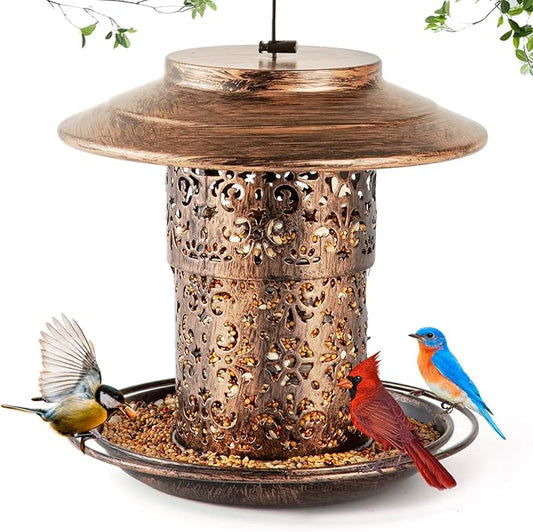Metal Bird Feeders for Outdoors Hanging, Weather Resistant Wild Bird Feeder with 360 Degree Feeding Tray (Copper)