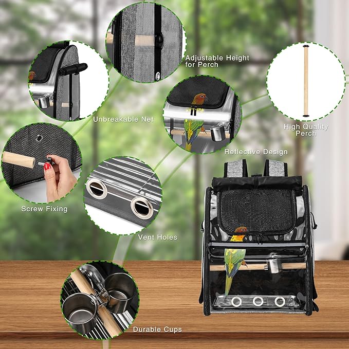 Bird Carrier Bag with Indestructible Stainless Steel Mesh, Bird Travel Cage with Stand, Easy to Clean Backpack for Parrot, Portable Bird Travel Bag, Grey