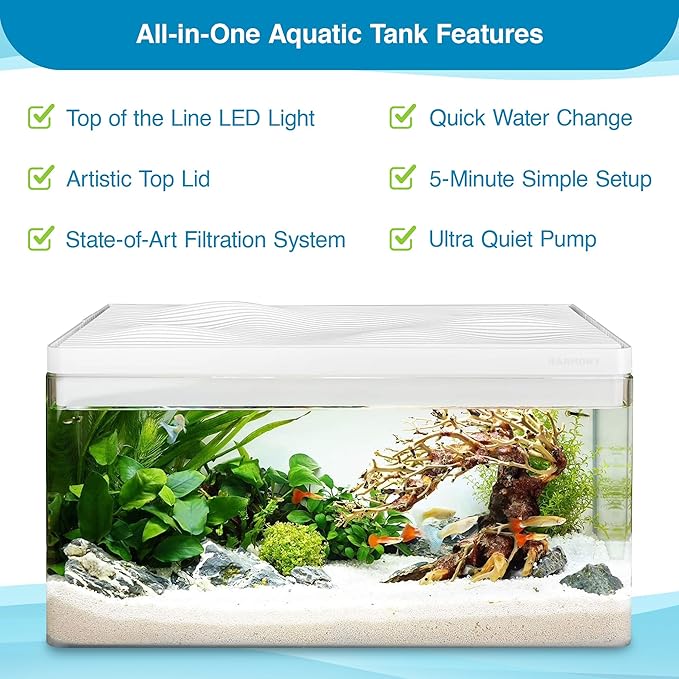 Harmony Deluxe 8 Gallon All-in-One Aquarium Kit, Award-Winning Fish Tank with Lid, Integrated Filtration, LED Light, Low-Iron Glass, White Tank with Cedar Grain Top