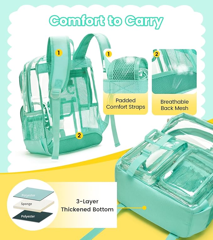 Vorspack Clear Backpack for School - Heavy Duty Transparent Bookbag for Girls Boys Large See Through backpacks for Work, College, Travel - Mint Green