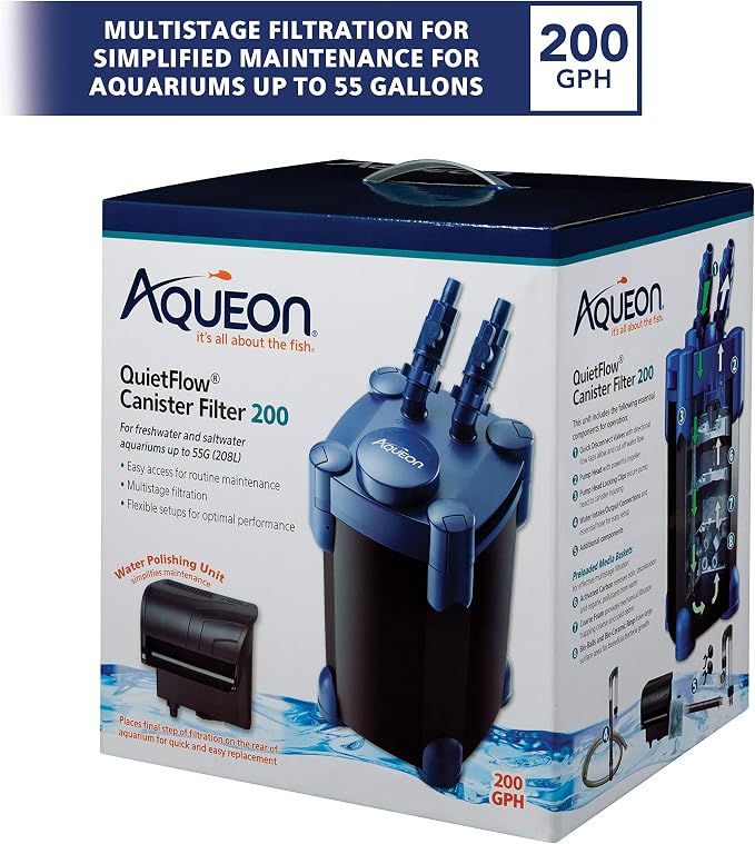 Aqueon QuietFlow Canister Aquarium Filter up to 55 Gallons | 55 gallon fish tank filter with biological, chemical and mechanical stages, spray bar and polishing unit