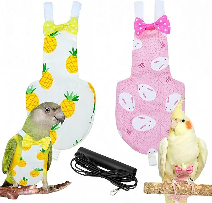 2Pcs Bird Diapers Bird Harness Flight Suits Diapers with 80 Inch Flying Leash Parrot Nappy Washable Cute Urine Wet Suit for Cockatiel Conure Macaw Budgies Parakeet-Rabbit&Pineapple,M