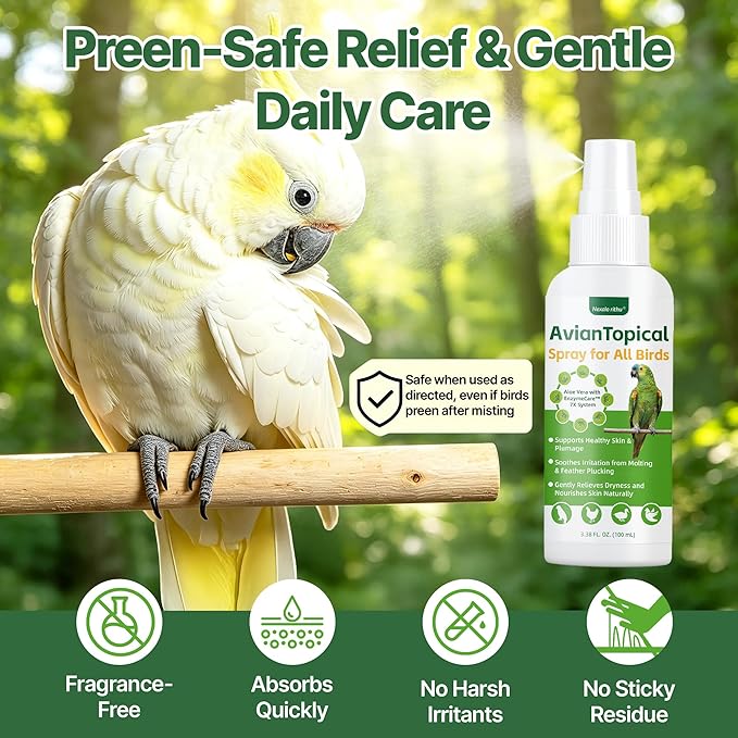 Avian Care Topical Spray for All Birds, Aloe Vera Bird Spray for Dry Itchy Skin, Molting and Feather Stress Support, Gentle Topical Care for Skin Comfort and Healthier Looking Plumage, Daily Use