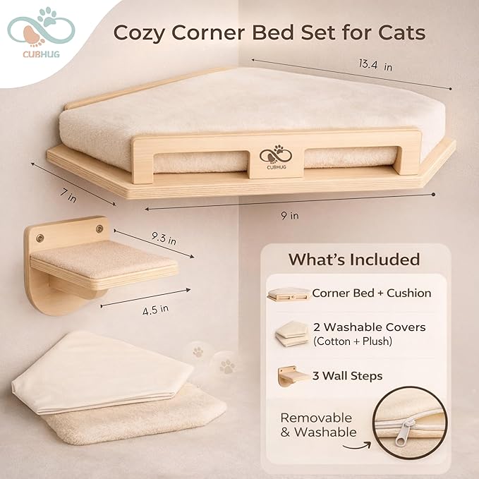 Cat Wall Shelves for Cats & Kitten up to 25 lb – Solid Wood Cozy Corner Bed + Cushion with 2 Washable Covers +3 Wooden Steps, Safe Haven for Indoor Cats, Cat Shelves for Wall, Wood Color