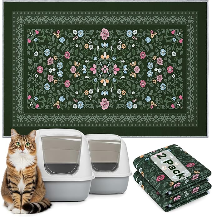 Bienbee Cat Litter Mat, 2PCS 33"x22" Machine Washable Litters Box Mats Non-Slip &Waterproof Cat Litters Trapping Mats Easy to Clean Mat for Litter Box Less Waste Protects Floors Dark Green L