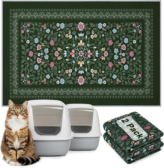 Bienbee Cat Litter Mat, 2PCS 33"x22" Machine Washable Litters Box Mats Non-Slip &Waterproof Cat Litters Trapping Mats Easy to Clean Mat for Litter Box Less Waste Protects Floors Dark Green L