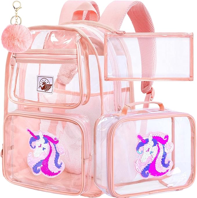 3PCS Clear Backpack for Girls, Kids Unicorn Transparent Backpack with Heavy Duty PVC, See Through Backpacks with Lunch Bag-Pink