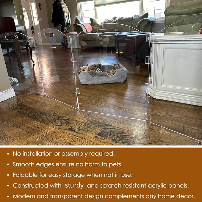 Extra-Wide Clear Acrylic Freestanding Dog Gates for The House – Folding 6-Panel Pet Gates for Doorways, Stairs, and Open Spaces, Transparent Indoor Barrier for Dogs, Puppies & Cats