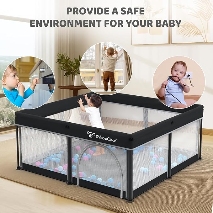 Taleco Gear Foldable Baby Play Pen with Mat, 50''x50'' Playpen for Babies and Toddlers, Playpen for Baby with Gate, Breathable,Foldable Travel Play Pen with 50 Ocean Balls