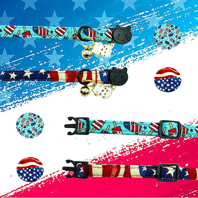 Elegant little tail Independence Cat Collar- 2 Pack Flag Print Cotton Breakaway Cat Collars with Bell Pendant Kitten Boy Girl Safety Adjustable Collar for Small Cats Puppy