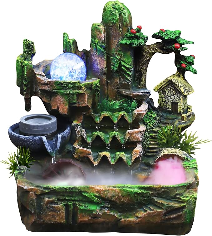 Indoor Fountain Rockery Tabletop Water Fountain with an Atomizer Elaxation | Water Feature Meditation with LED Light for Home Office Desktop Decor Gift 11.81''L x 7.09''W x 12.99''H
