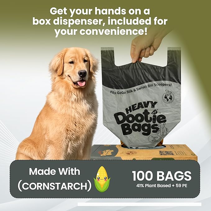 HEAVY Dootie Bags with EZ Tie Handles. Clean and Convenient for Pet Dog Poop, Cat Litter. Multi-Use. Great for Swivel Bin and Gogo Stik Scoopers. Made with Cornstarch. Strong, Leakproof and Very Large