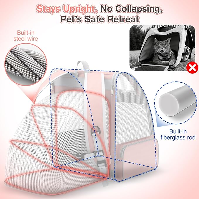 Cat Backpack Carrier Expandable for Travel: Foldable Pet Backpack with Breathable Mesh for Medium Small Dog Cat Puppy Kitten up to 15 Lbs, Cat Carrier Soft Backpack for Hiking Camping Outdoor(Pink)
