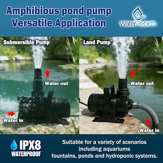Pond Pump, 8500 GPH Adjustable Flow Submersible & Inline Water Pump, Copper Motor, IPX8 Waterproof for Outdoor Koi Pond, Fountain, Waterfall, Hydroponics