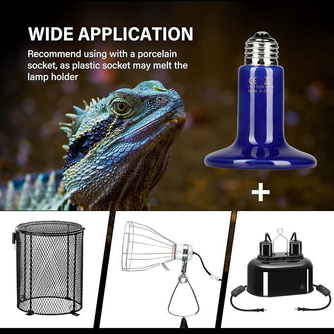 Simple Deluxe 150W 2-Pack Ceramic Heat Emitter Reptile Heat Bulb No Light, LCD Digital Aquarium Thermometer, for Reptile Amphibian, 2 Pack, Royal Blue