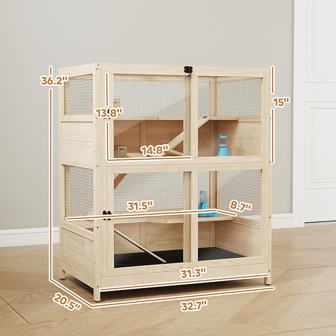 PawHut Wooden Hamster Cage, 4 Tier Small Animal Cage with Mesh Flip Roof, Pull-Out Tray, Huts, Seesaws, Ramps and Water Bottles, Hamster Habitat for Dwarf Syrian Mice Gerbil, 33" x 21" x 36"