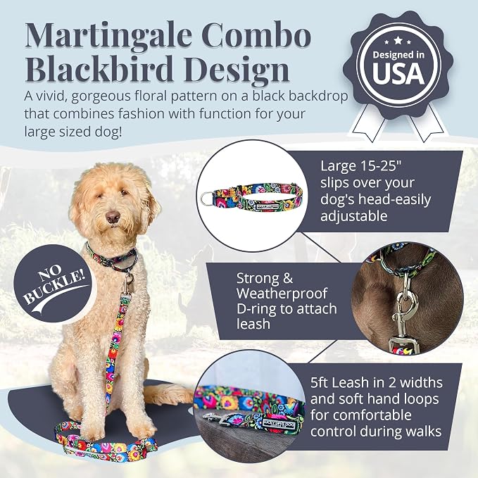 Lucky Love Dog Martingale Dog Collar & Leash - Adjustable, No-Slip, Durable, Comfortable, Soft Webbing, & Stylish Patterned Collar & Leash Set for Male and Female Dogs - Blackbird Combo, Large