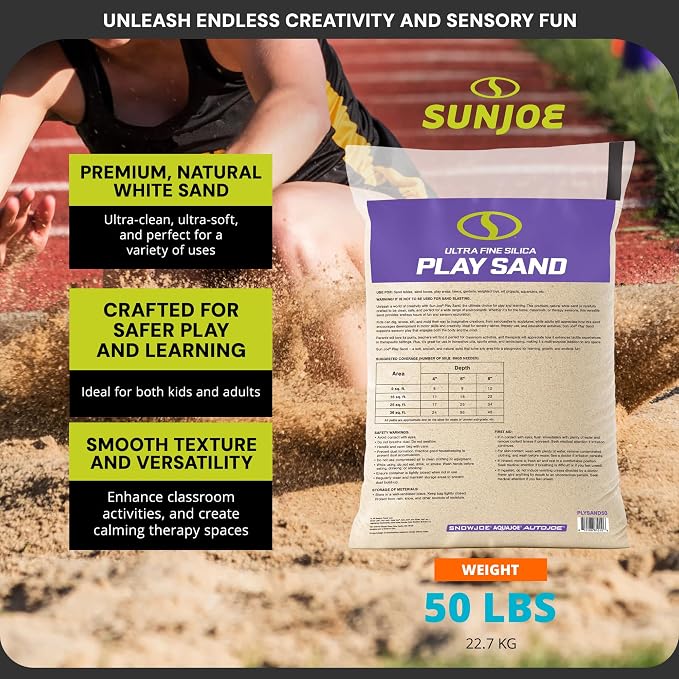 Sun Joe 3 Pack Silica Play Sand for Sandbox, Sensory Table & Garden Spaces, Ultra Fine, 50 Lbs - Natural Craft Accessory for Molding, Digging & Sculpting - Ideal for Indoor and Outdoor Use
