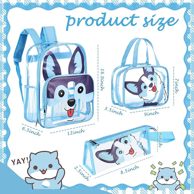 Kacctyen 3 Pcs Clear Backpack Heavy Duty Clear Stadium Bag Transparent Backpack with Lunch Bag(Blue,Dog)