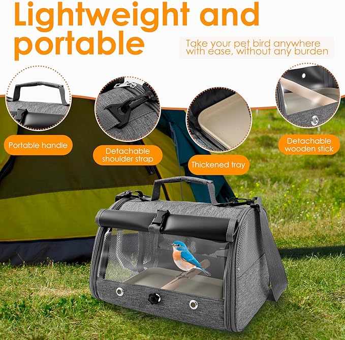 Bird Carrier Bird Travel Cage with Standing Perch Mesh Travel Bag with Clear Windows Lightweight and Portable Parrot Carrier Parakeet Cage for Hiking Camping