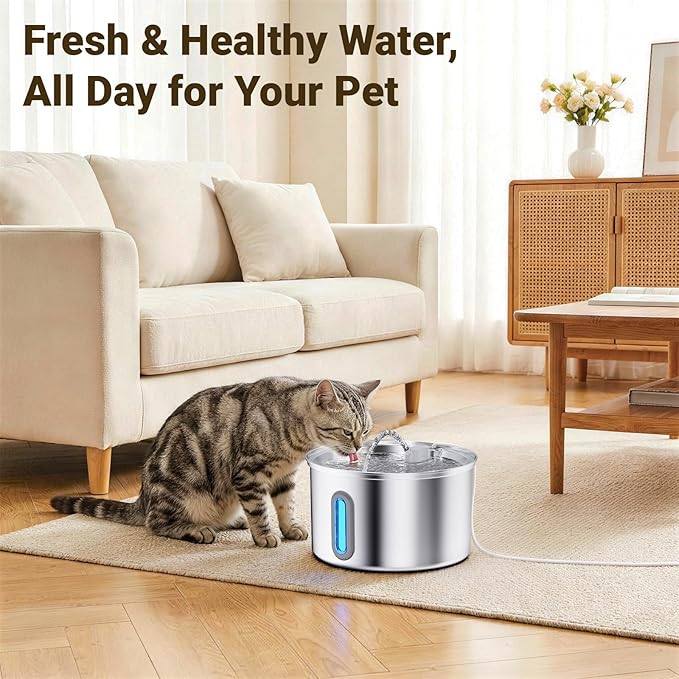Cat Water Fountain Stainless Steel, 3.2L/108oz Pet Fountains for Drinking with Smart Quiet Pump and Large Water Level Window, Easy-to-Clean Automatic Pet Water Dispenser for Indoor Use