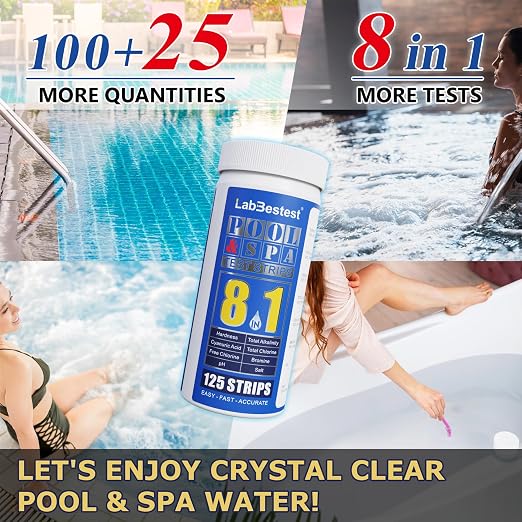 Salt Pool Test Strips Salt Water Pool Testing Kit (8-Way) | 125 Spa Hot Tub Test Strips Saltwater Pool Test Kit - Rapid Accurate Easy to Test Hardness, Bromine, pH, Salt and More