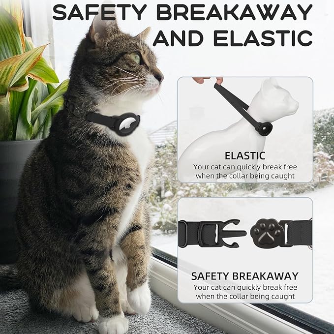 AirTag Cat Collars, Stretchy Collar with Apple AirTag Holder and Bell, Breakaway Ultra Design Elastic GPS Tracking Collars for Cats and Puppies, (7.5-12.5 Inch), Black