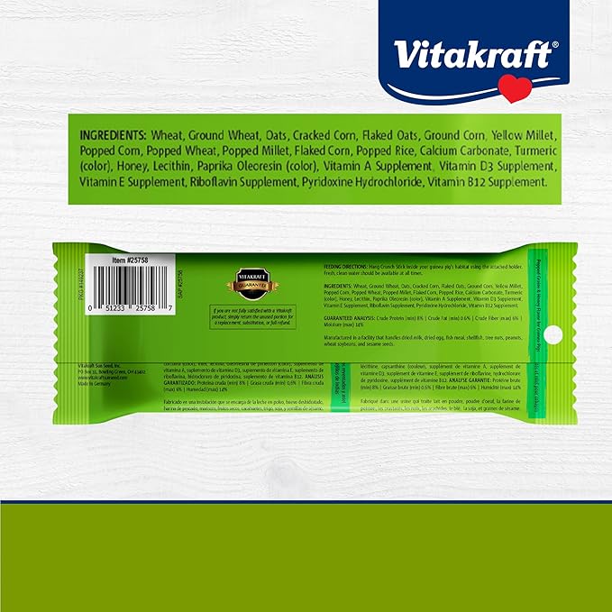Vitakraft Crunch Sticks Guinea Pig Treat – 2 Sticks - Popped Grains And Honey Flavor – Triple-Baked With Natural Wood Center – Nutritious Coating for Added Vitamins And Minerals – Cage Clip Holder