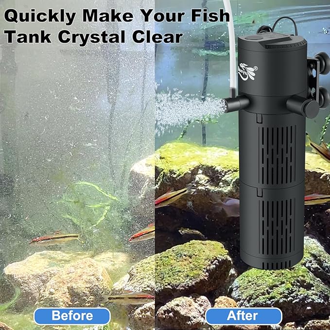 Aquarium Filter, Fish Tank Filter 4-in-1 for 10-30 Gallon Tanks, Submersible Internal Filter with Wave-Maker, Oxygenation & Adjustable Air Flow for Freshwater/Saltwater/Turtle Tanks (8W)