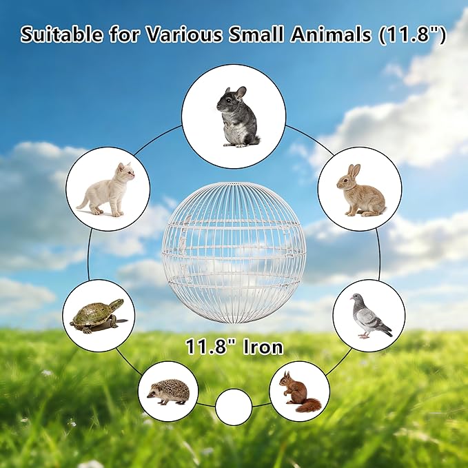 Rolling Small Animal Cage 11.8 inches, Metal Mesh Ball Cage for Hamsters Gerbils and Mice, Portable Indoor and Outdoor Exercise Cage for Supervised Play