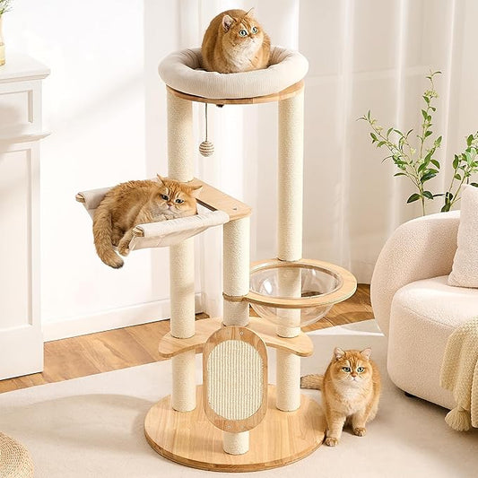 Modern Solid Wood Cat Tree Small Tower with Scratching Post for Indoor, Multifunctional Cat Tree Tower with Bed, Space Capsule, Hammock, Scratching Board, Dangling Ball
