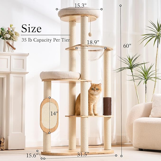 797Audio Modern Wood Cat Tree Tower, 60" Cat Tree with Sisal Scratching Posts, Capsule and Scratch Pad for Indoor Cats, Solid Rubber Wooden Cat Tree,Large Platform Multi-Level Tree for Large Adult Cat