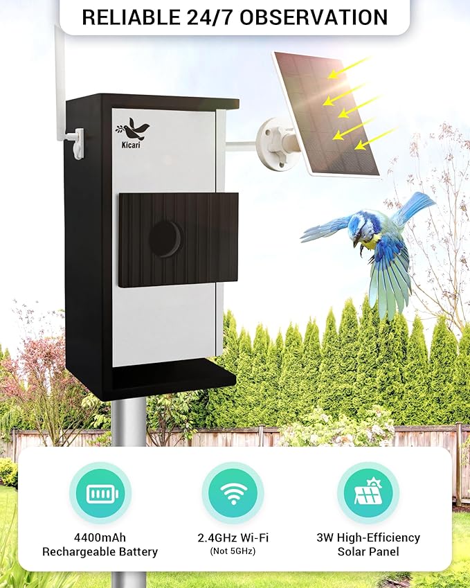 Bird House with Camera 2K HD, Solar & Battery Powered, Dual Night Vision, PIR Motion Sensor, Two-Way Audio, WiFi App Control, Weatherproof Wooden Smart Bluebird Nest Box for Outdoor Use, Gray