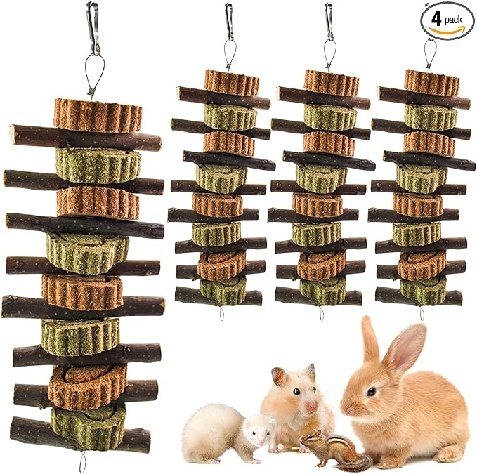 Rabbit Chew Toy,Bunny Chew Toys for Teeth Grinding,Natural Apple Branch Teething Sticks with Hay Grass Cake Improve Dental Health Bunny Hanging Chew Toys for Rabbits,Chinchillas,Hamster (4 Pcs)