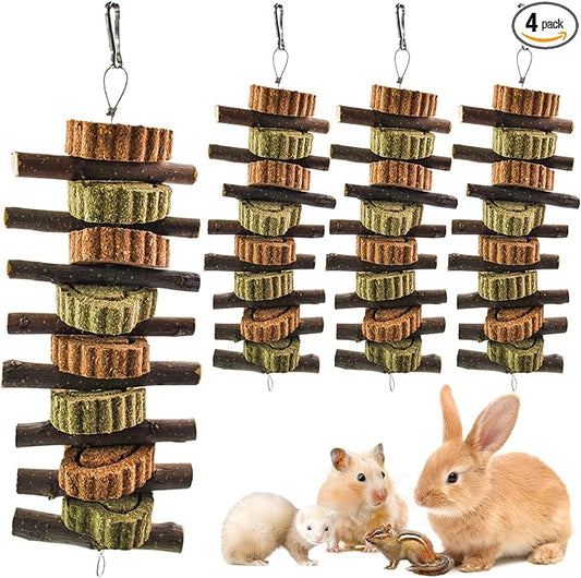 Rabbit Chew Toy,Bunny Chew Toys for Teeth Grinding,Natural Apple Branch Teething Sticks with Hay Grass Cake Improve Dental Health Bunny Hanging Chew Toys for Rabbits,Chinchillas,Hamster (4 Pcs)