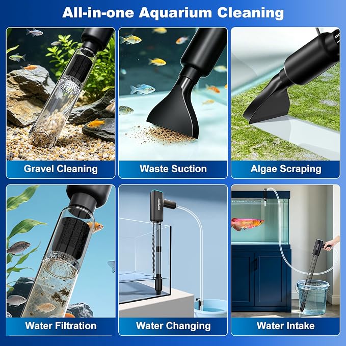 Cordless Gravel Vacuum Aquarium Cleaner for 10-75 Gallon,6-in-1 Automatic Fish Tank Cleaning Tools 2600mah Rechargeable Fish Tank Vacuum Large Tanks Change Water Wash Sand (25w)