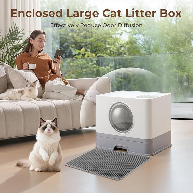 XXXL Stainless Steel Litter Box with Lid, Front Entry Top Exit, Extra Large Metal Cat Litter Box with Drawer, Maine Coon Cats, with Litter Scoop & Litter Mat, Anti-Odor, Anti-Leakage & Non-Stick