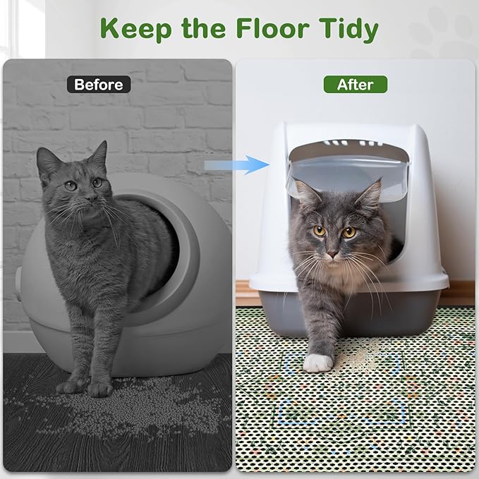 Bienbee Cat Litter Mat, 30"x24" Litter Mat Double Layer Litter Trapping Mat, Reduces Tracking and Keeps Floors Clean,Bean-Green Retro Floral L