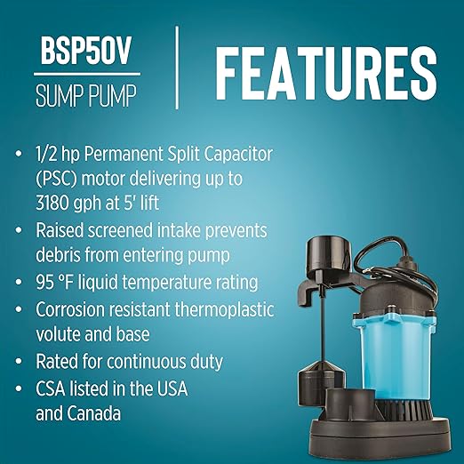 Little Giant BSP50V 1/2 HP, 115 Volt, 3180 GPH Automatic Submersible Epoxy Coated Cast Aluminum Sump Pump with Piggy-back Vertical Switch and 8-Ft. Cord, Blue, 511251