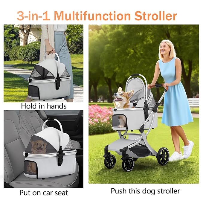 3 in 1 Pet Stroller for Small/Medium Dogs & Cats with Detachable Carrier, Storage Basket and Pet Pad, 4 Wheels Foldable Pet Travel Carrier for Car Seat & Hand Carry, Safe Outings (Grey)