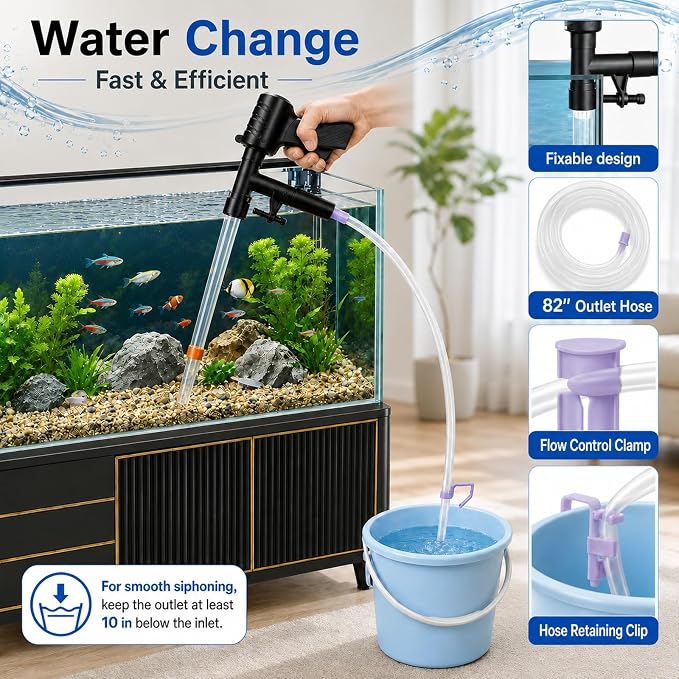Fish Tank Cleaner Kit with Digital Thermometer, Gravel Vacuum for Aquarium, Aquarium Vacuum & Siphon, Fish Tank Cleaning Kit, Safe for Shrimp & Small Fish
