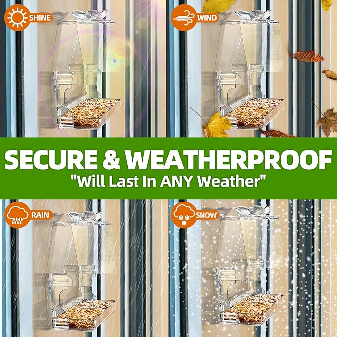WENMIXER Window Bird Feeder with Non-Marking Self-Adhesive Hooks, Clear and Transparent, Outdoor Wild Bird Watching Gift, Garden Decor (with Large Window)