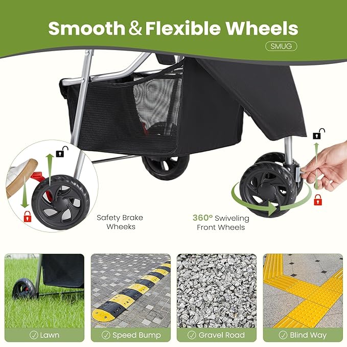 Sweetcrispy 3 Wheels Pet Stroller for Small Dogs and Cats, Foldable Dog Stroller with Mesh Windows, Storage Basket and Cup Holder, Lightweight & Durable Pet Carrier for Travel, Outdoor Use, Black