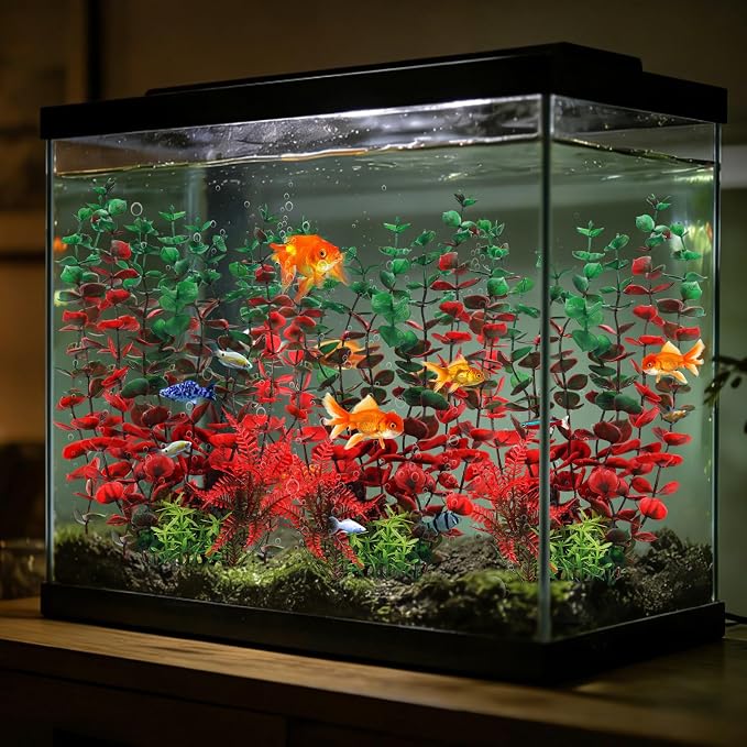 QUOZUO Aquarium Large Plants Decoration, Aquarium Decorations Artificial Plastic Plants, Dark Red Fish Tank Accessories 3pcs