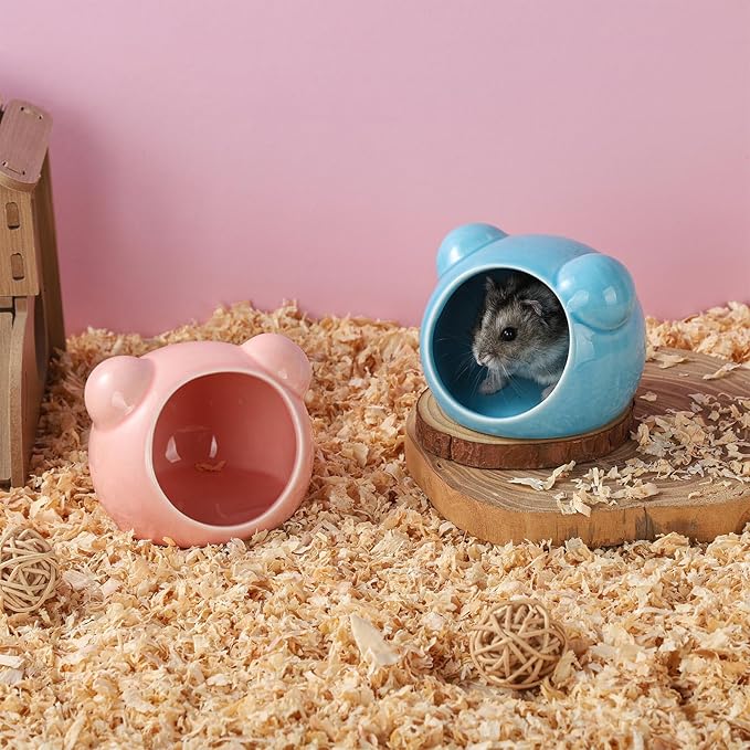 VanEnjoy 2 Pack Ceramic Hamster Hideout Red and Blue Small Animal Hides for Gerbils Mice Cute Summer Cooling Houses for Cage Accessories